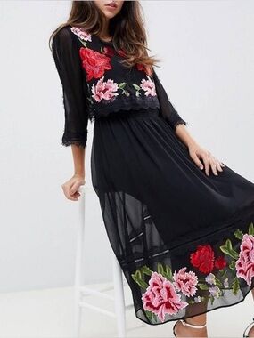 ASOS black floral embroidery with lace and mesh dress